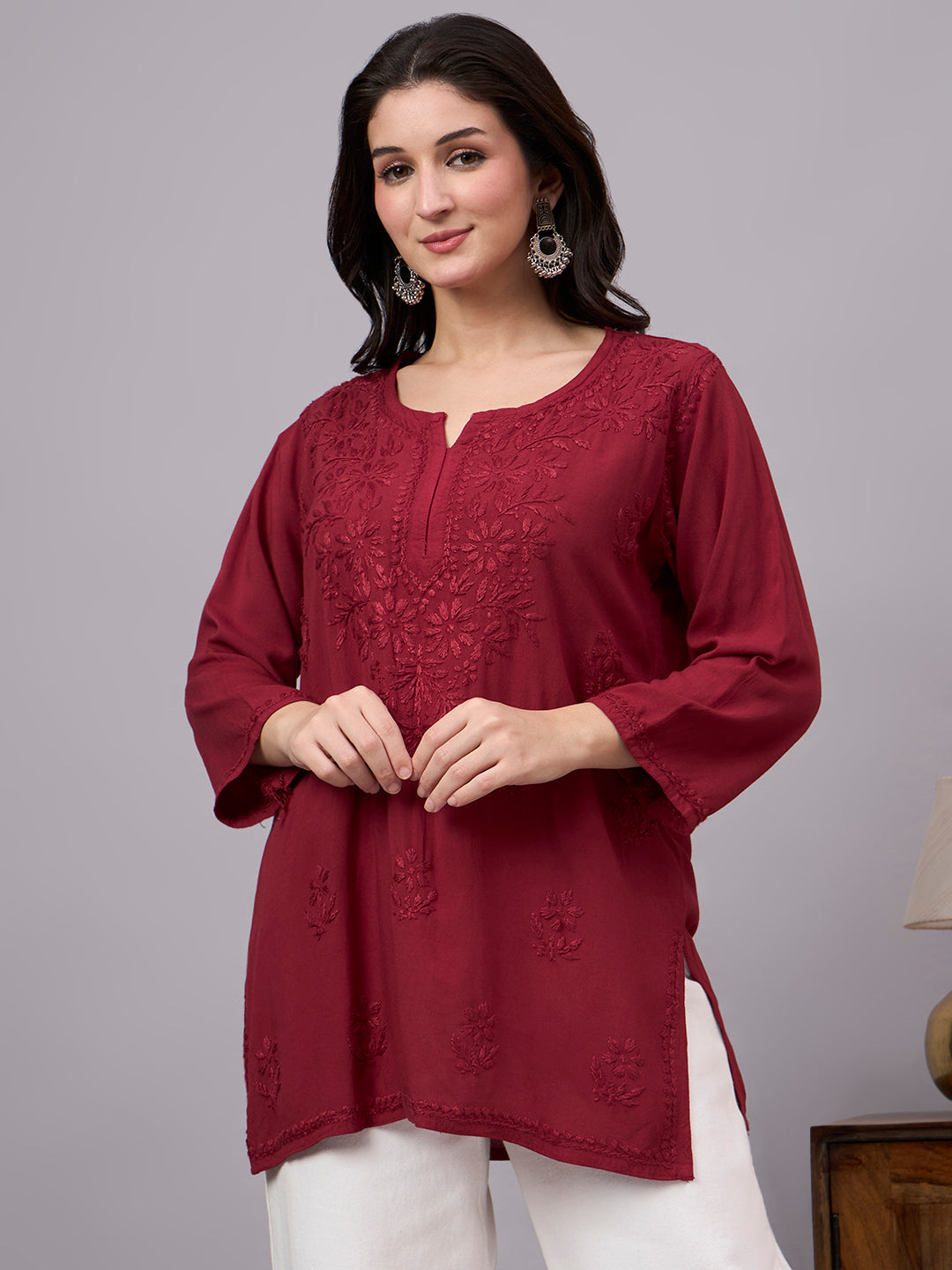 Stylish Rayon Short Kurta paired with ethnic bottoms featuring premium Lucknowi embroidery and comfortable fit for daily wear