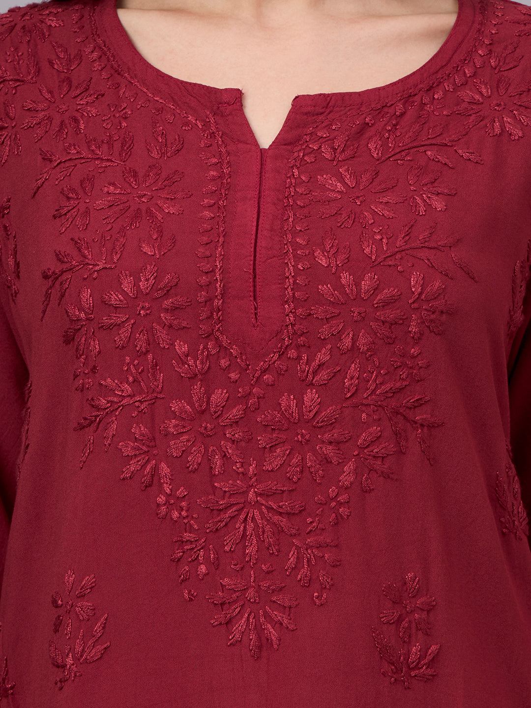 Everyday wear Rayon Short Kurta designed with delicate Chikankari embroidery and easy-to-style pattern for modern women’s clothing collection