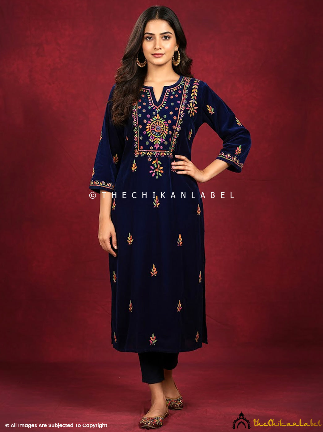 Hand-embroidered velvet chikankari straight kurta featuring intricate floral motifs and artisan detailing, perfect for festive and winter ethnic wear.