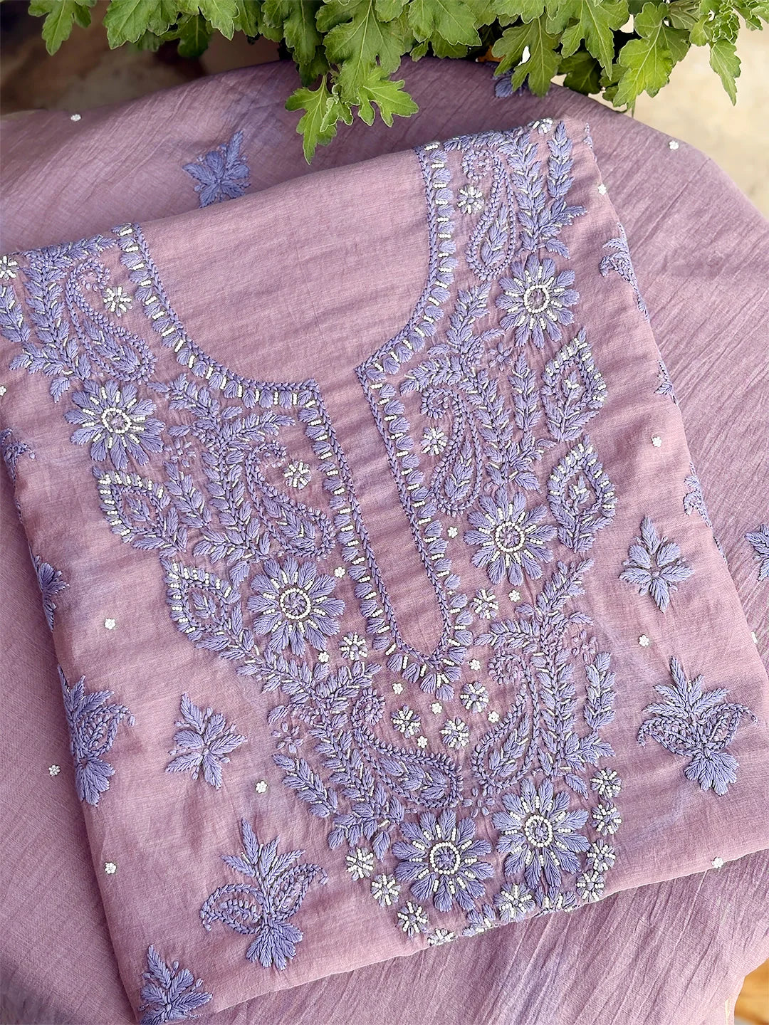 Nazila Mul Chanderi Chikankari Kurti Piece with Dupatta - Mauve