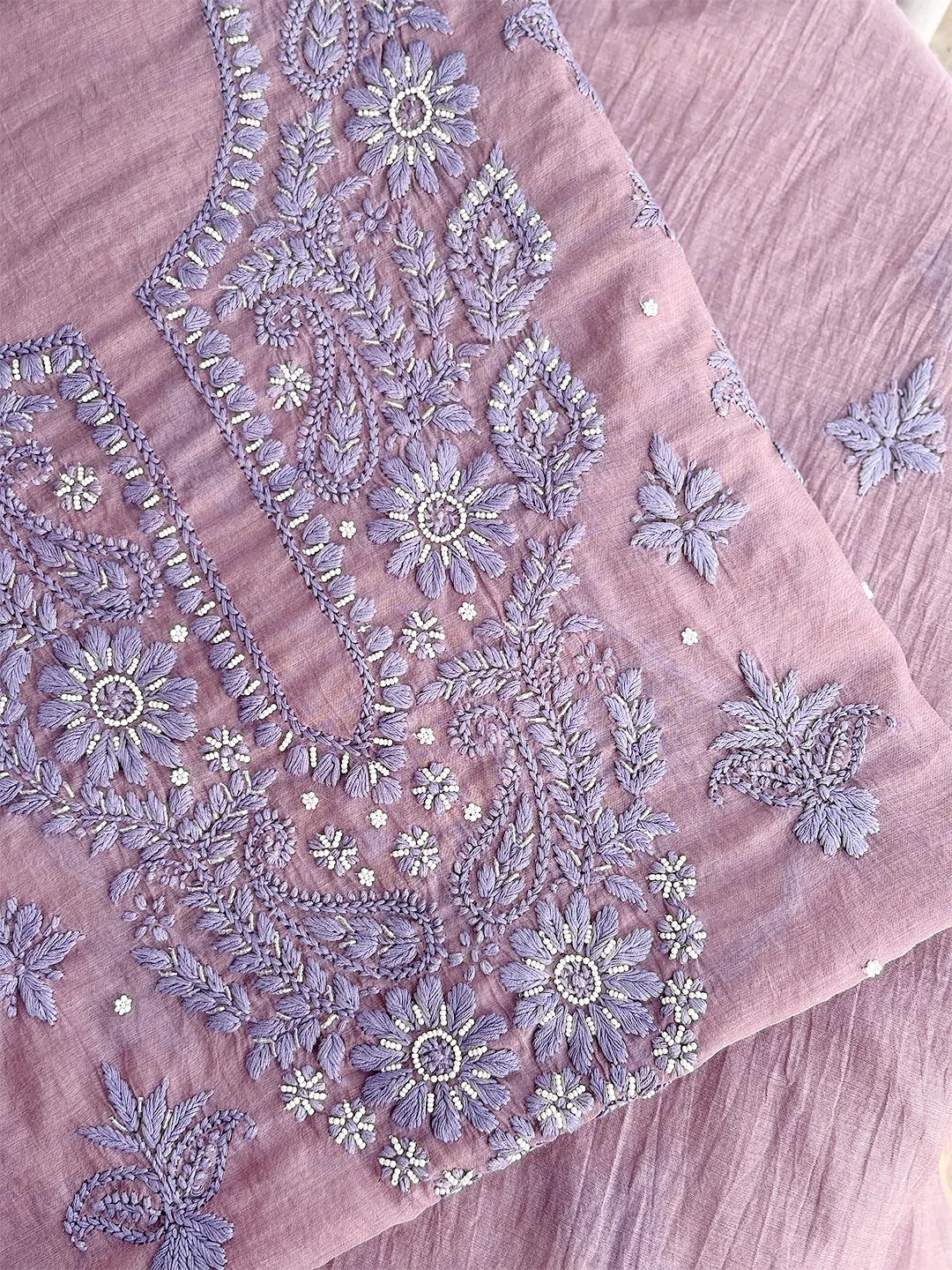 Nazila Mul Chanderi Chikankari Kurti Piece with Dupatta - Mauve