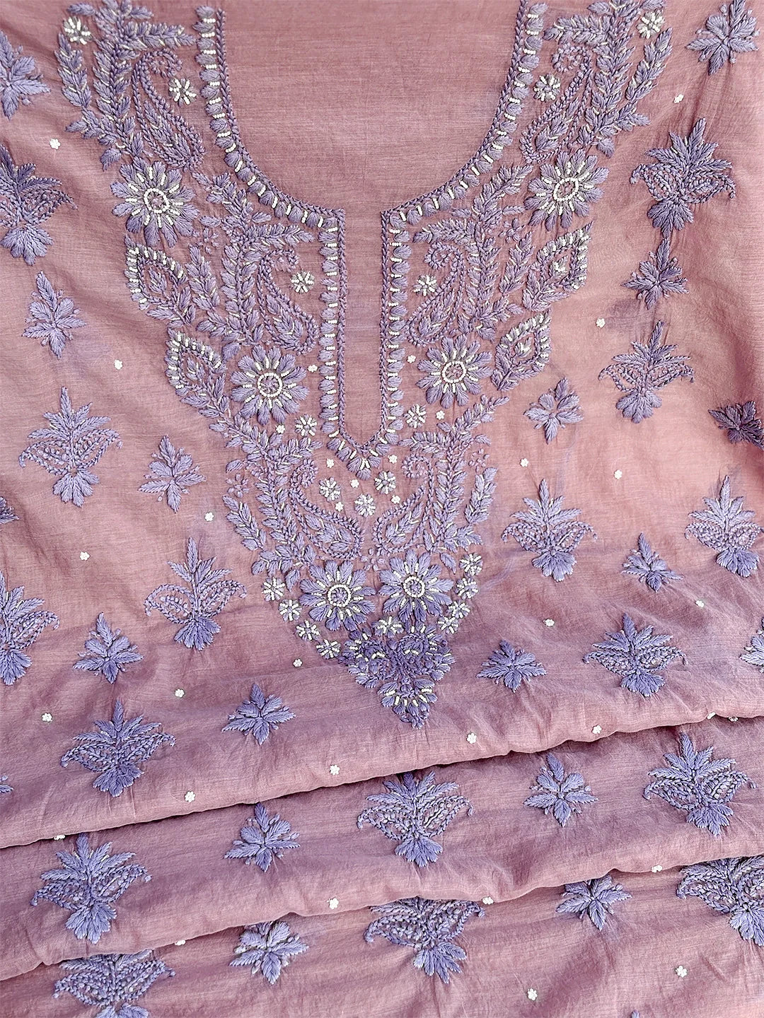 Nazila Mul Chanderi Chikankari Kurti Piece with Dupatta - Mauve