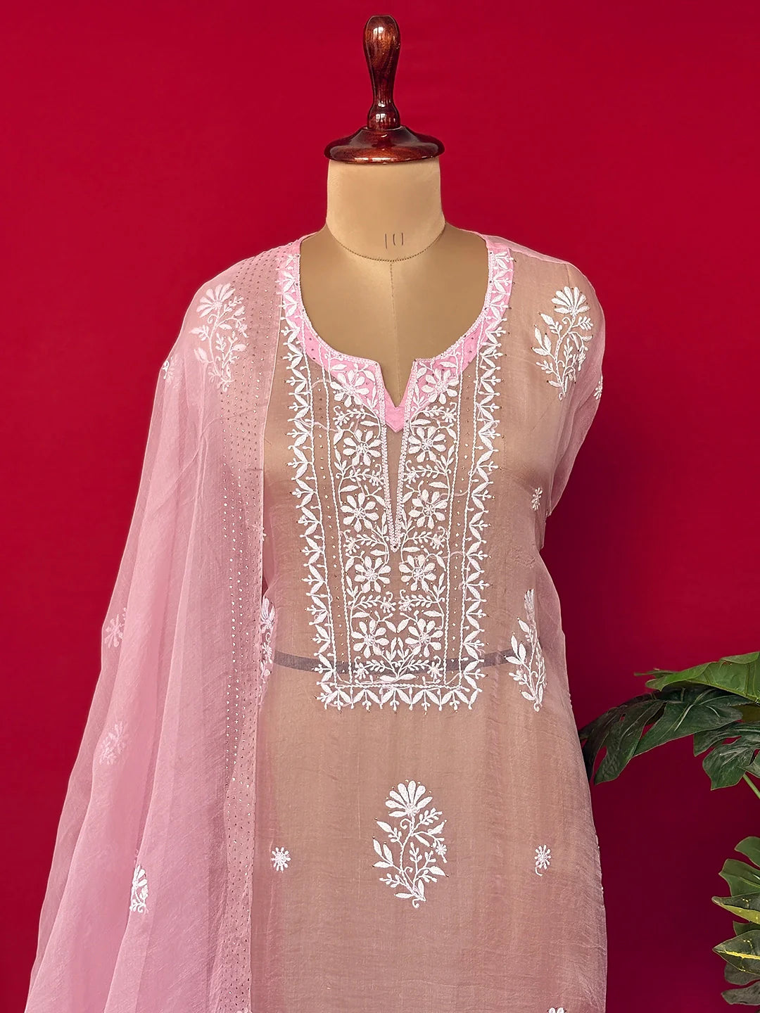 Nazrana Organza Chikankari Kurti Piece with Dupatta - Pink