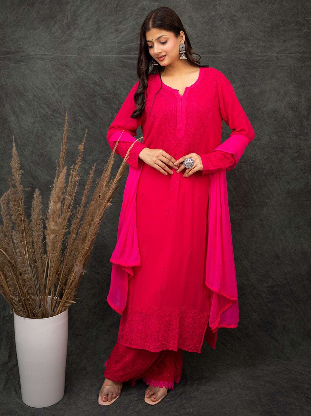Nida Viscose Chikankari Straight Kurta Set with Dupatta -Hot Pink