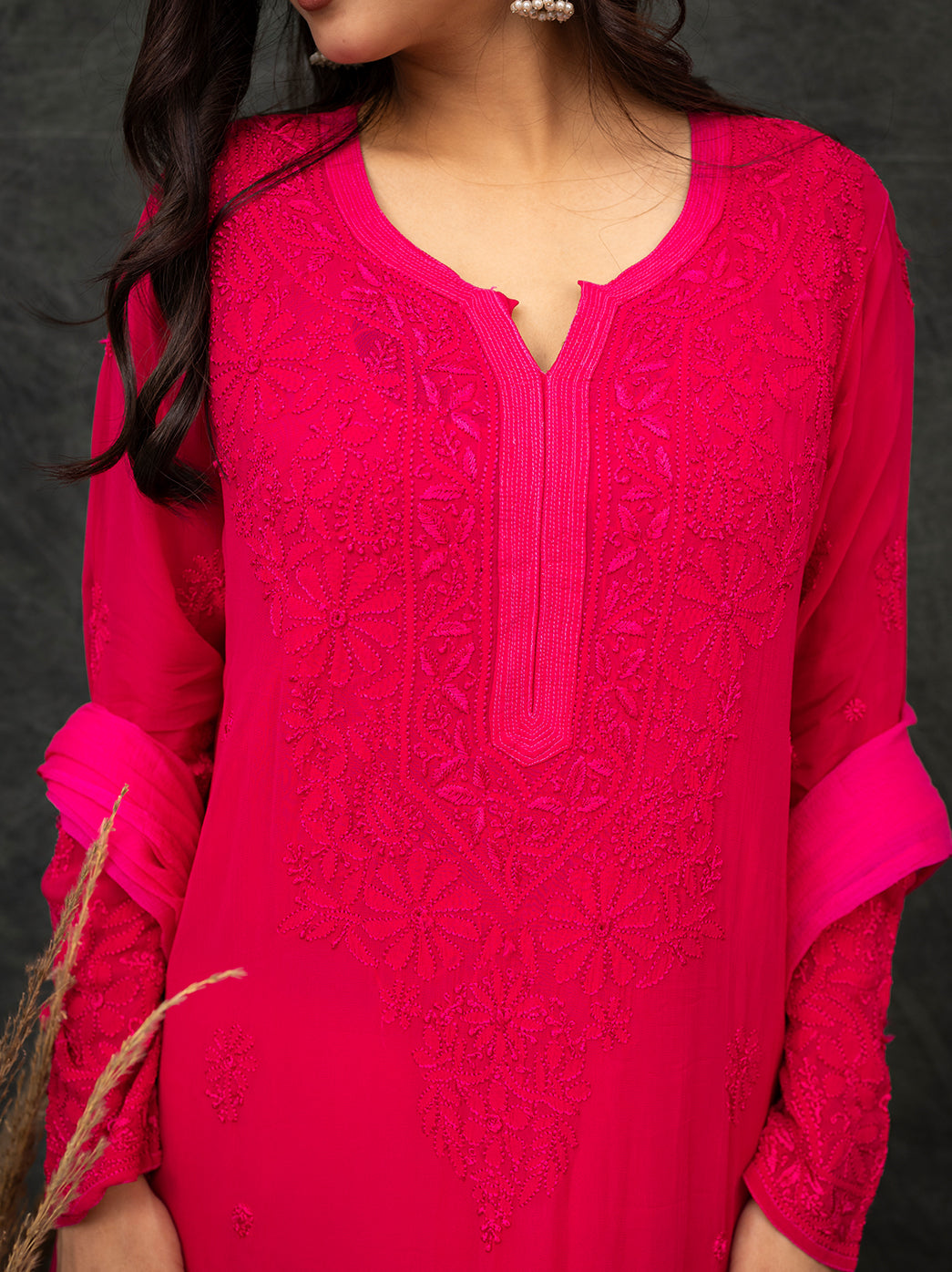Nida Viscose Chikankari Straight Kurta Set with Dupatta -Hot Pink