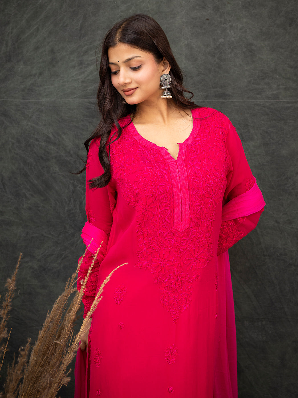 Nida Viscose Chikankari Straight Kurta Set with Dupatta -Hot Pink