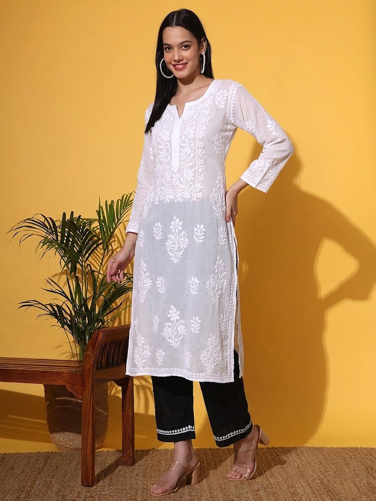 Premium Chanderi chikankari straight kurta for women with floral embroidery and straight silhouette