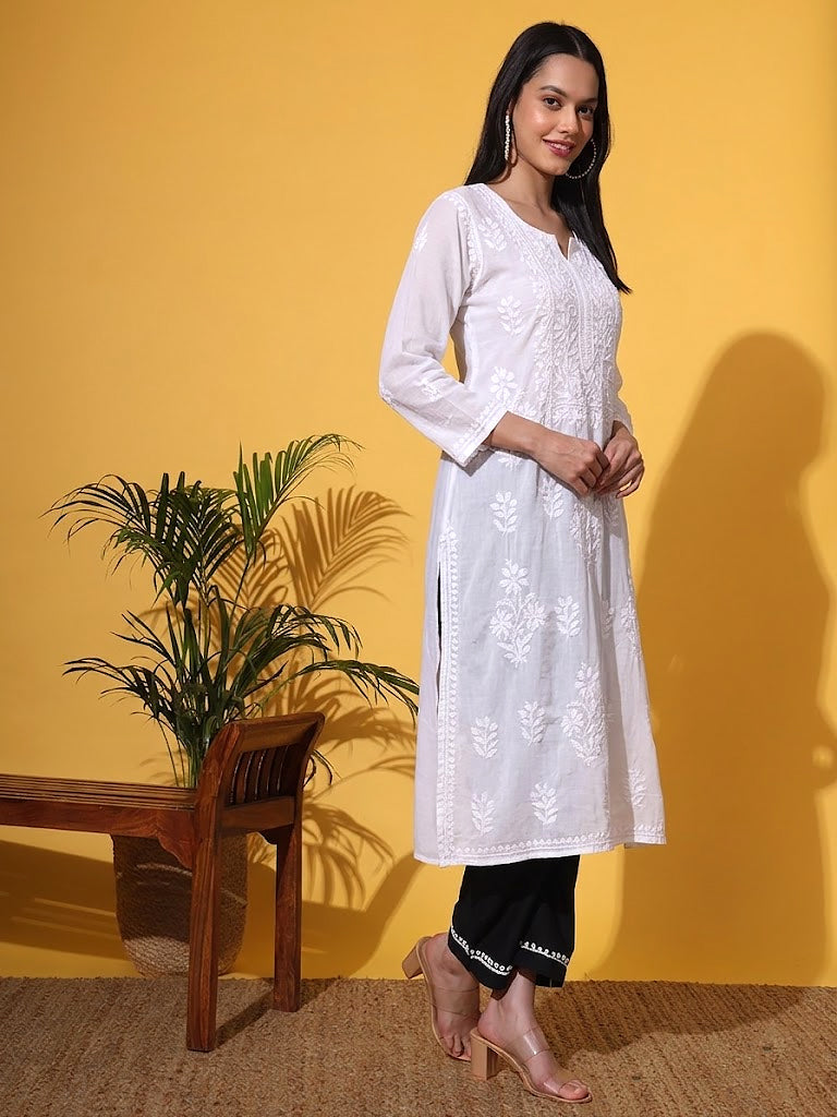 Handcrafted chikankari straight kurta in Chanderi fabric with detailed front panel embroidery