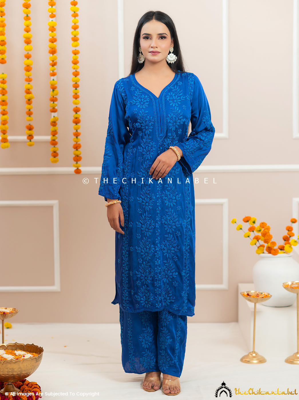 Noor-E-Bahar Blue Satin Modal Chikankari Kurta Set