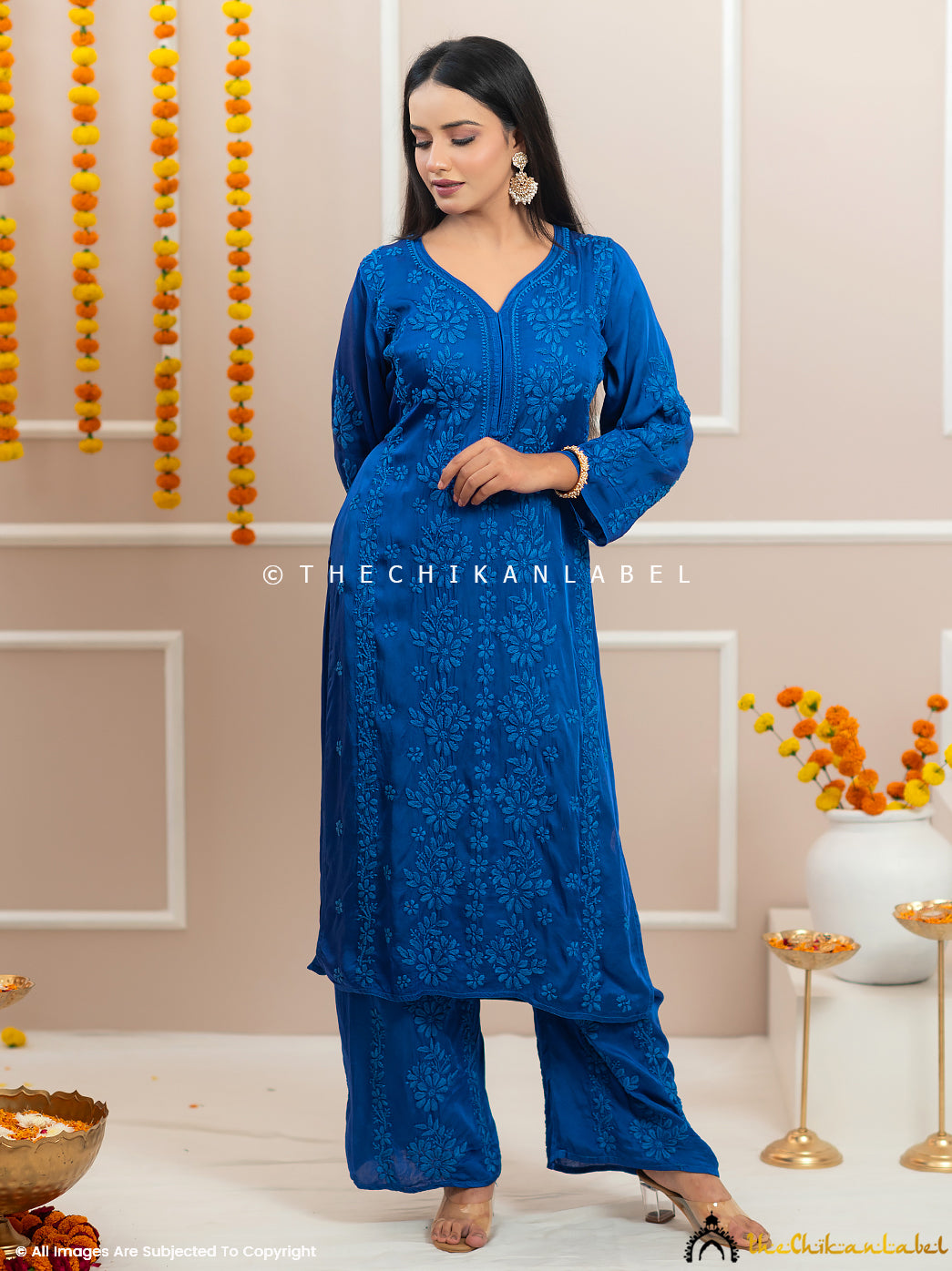 Noor-E-Bahar Blue Satin Modal Chikankari Kurta Set