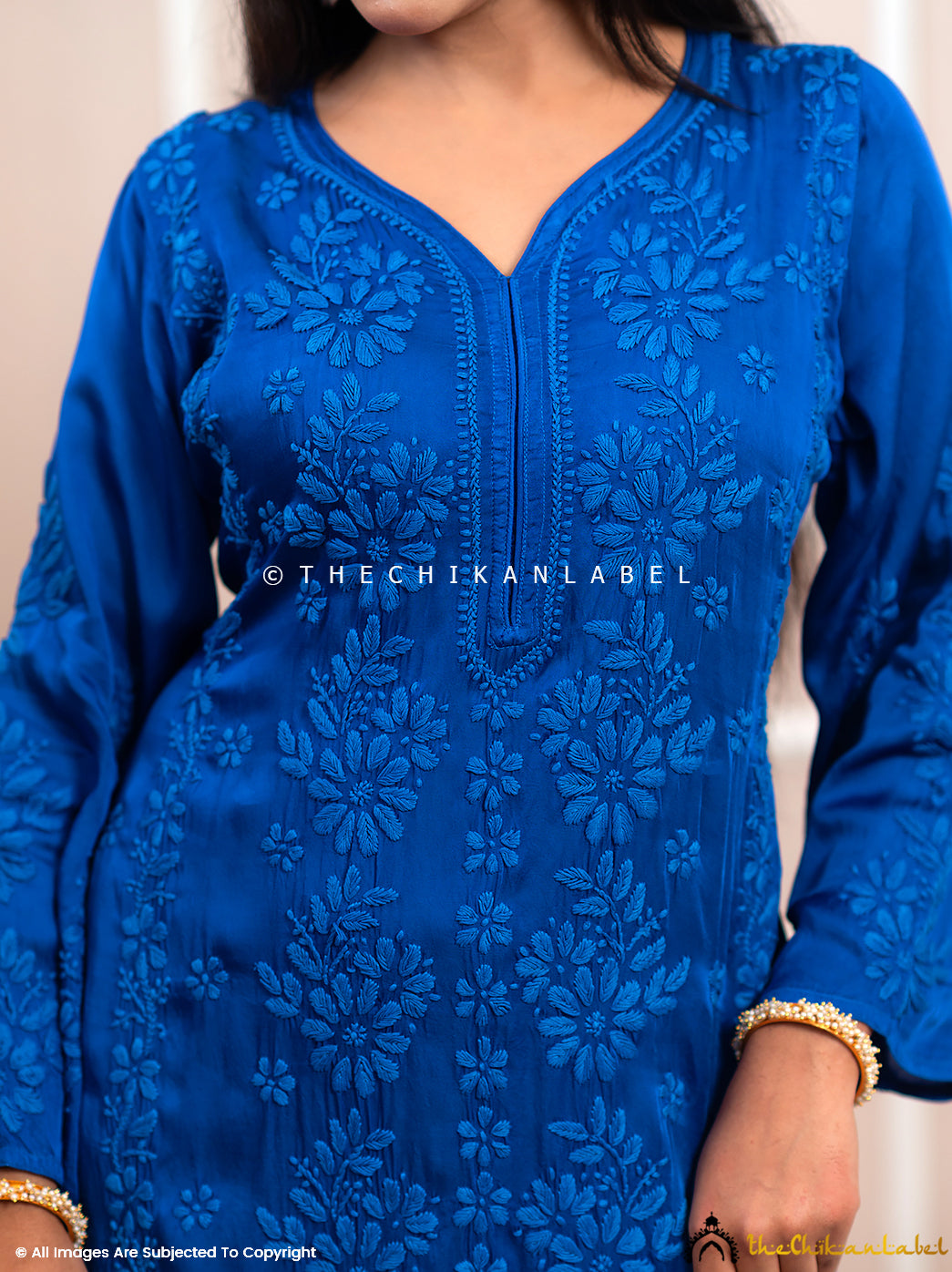 Noor-E-Bahar Blue Satin Modal Chikankari Kurta Set