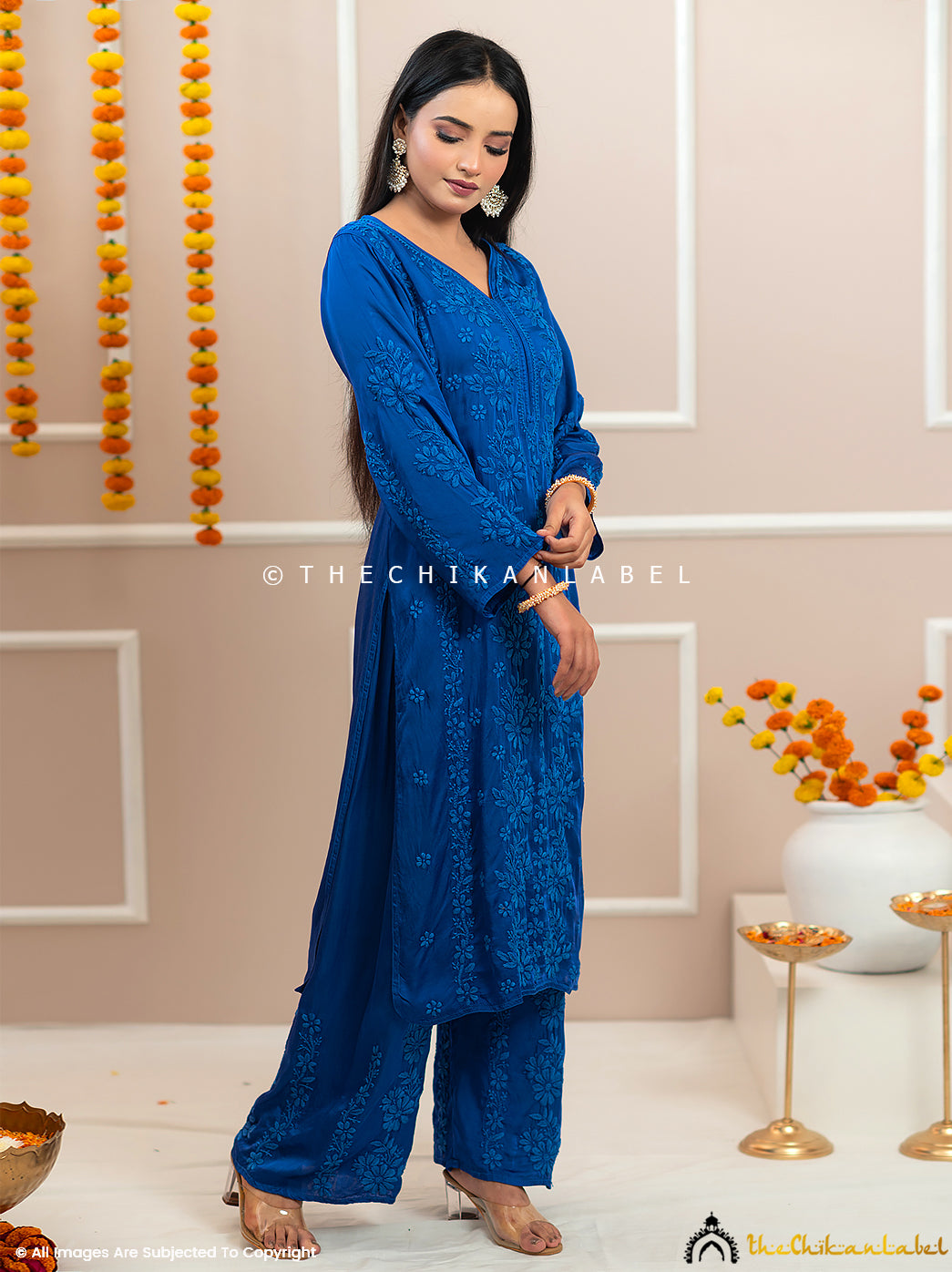 Noor-E-Bahar Blue Satin Modal Chikankari Kurta Set