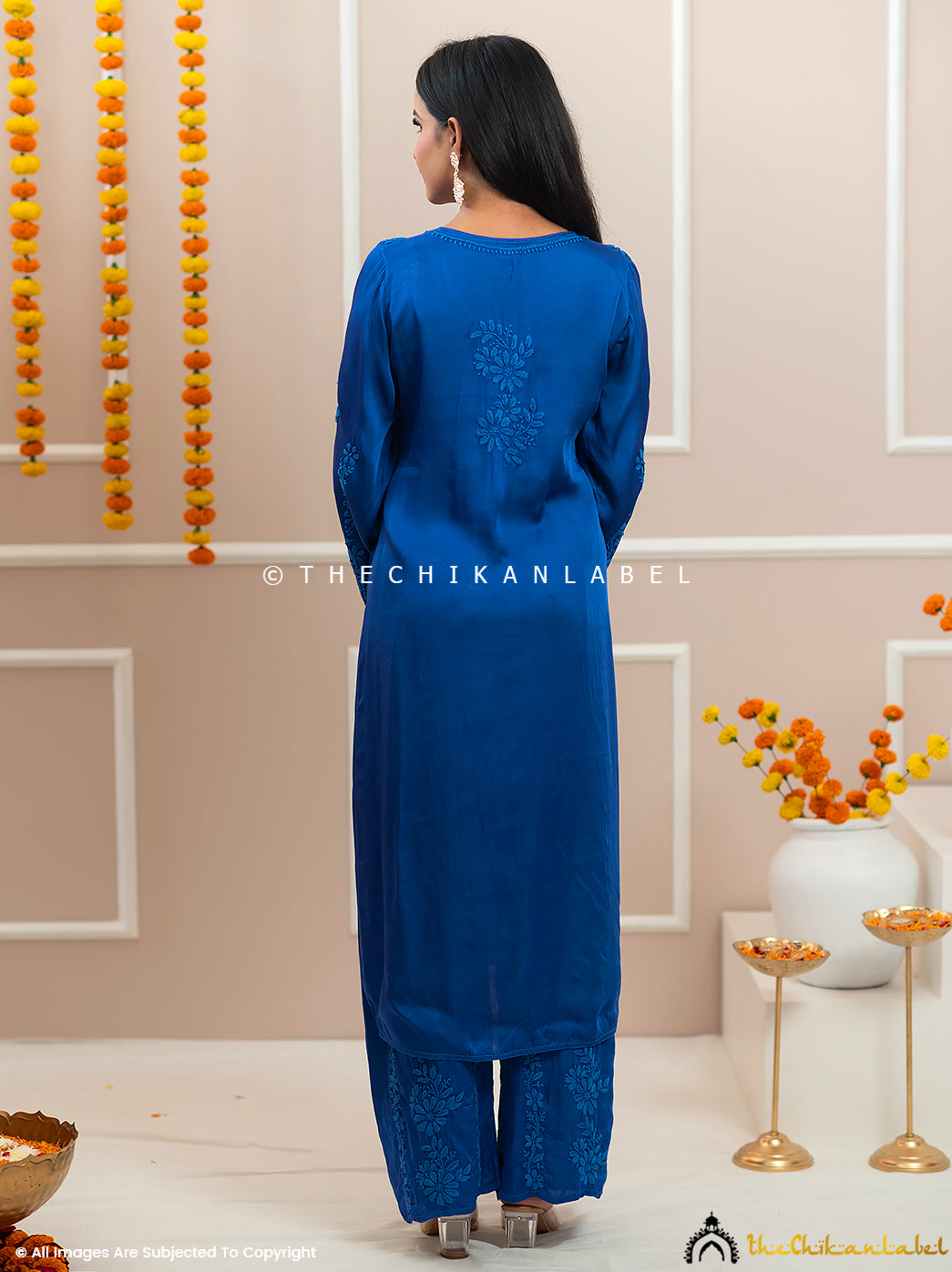 Noor-E-Bahar Blue Satin Modal Chikankari Kurta Set