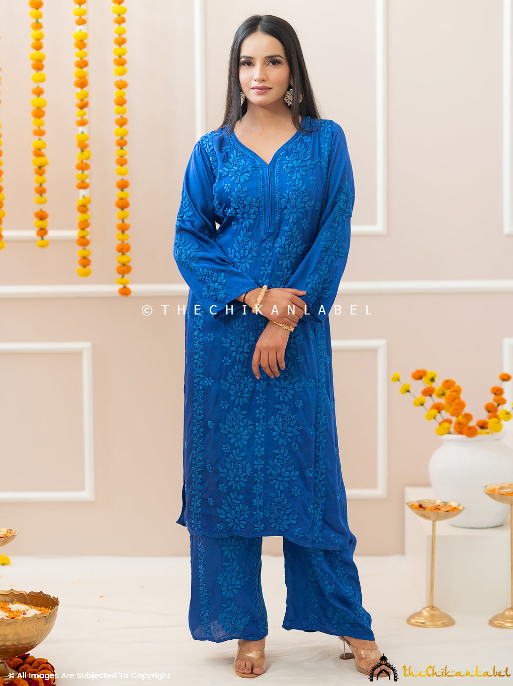 Noor-E-Bahar Blue Satin Modal Chikankari Kurta Set