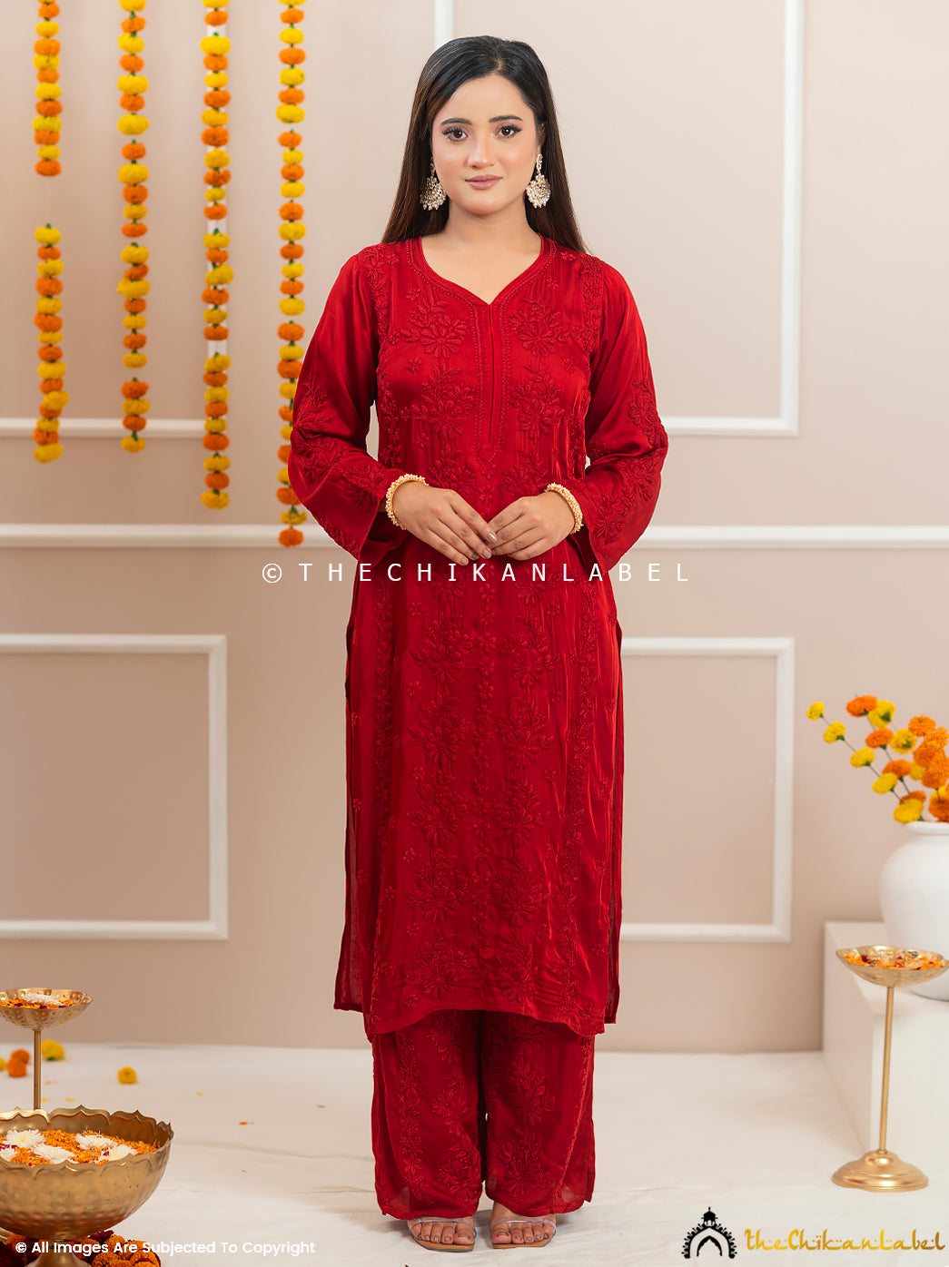 Noor-E-Bahar Maroon Satin Modal Chikankari Kurta Set