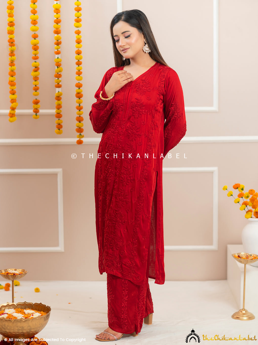 Noor-E-Bahar Maroon Satin Modal Chikankari Kurta Set