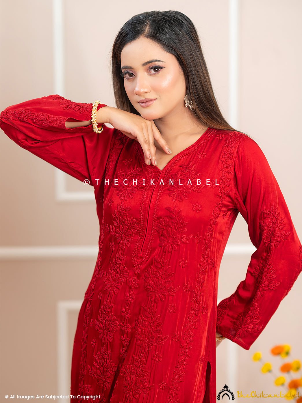 Noor-E-Bahar Maroon Satin Modal Chikankari Kurta Set