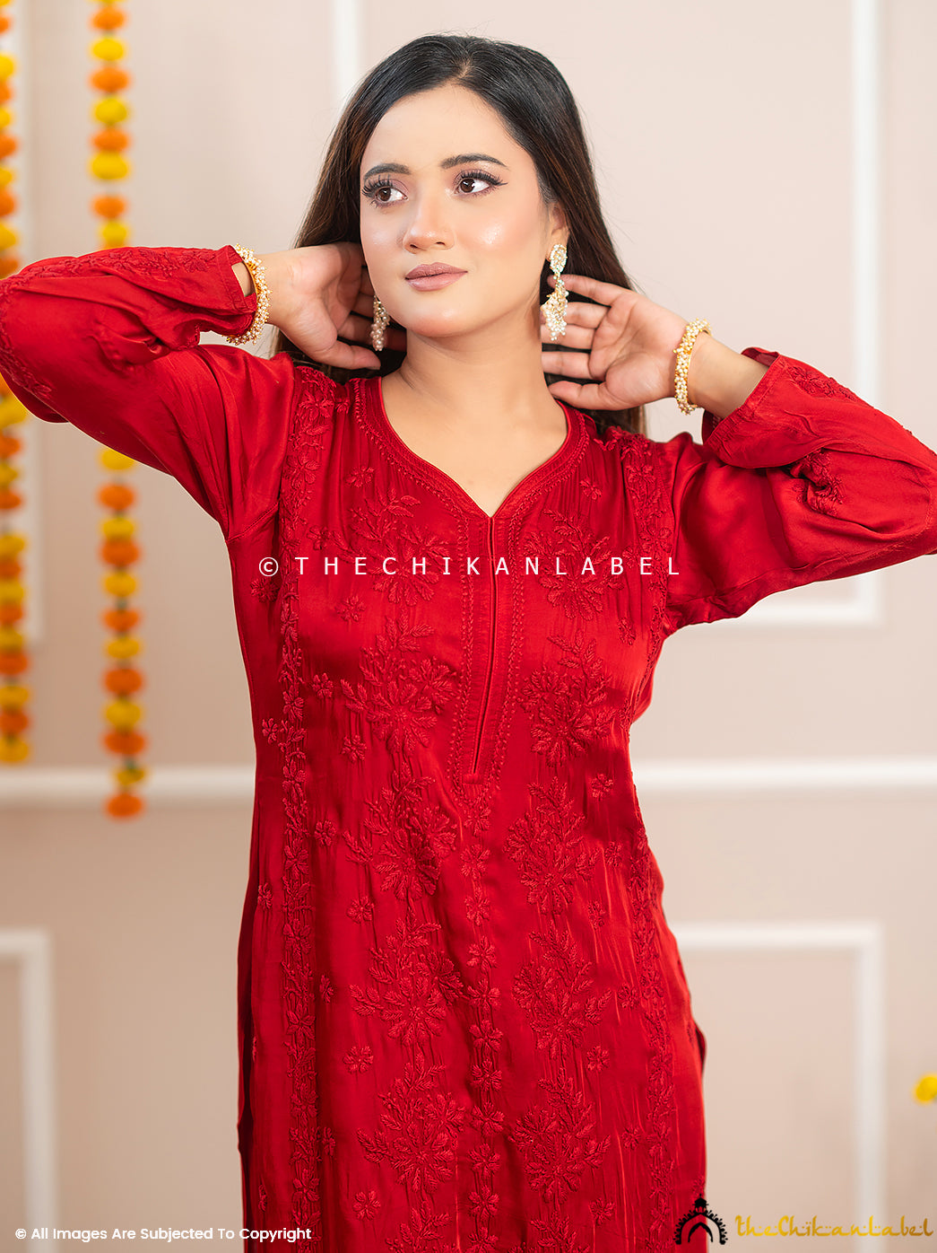 Noor-E-Bahar Maroon Satin Modal Chikankari Kurta Set