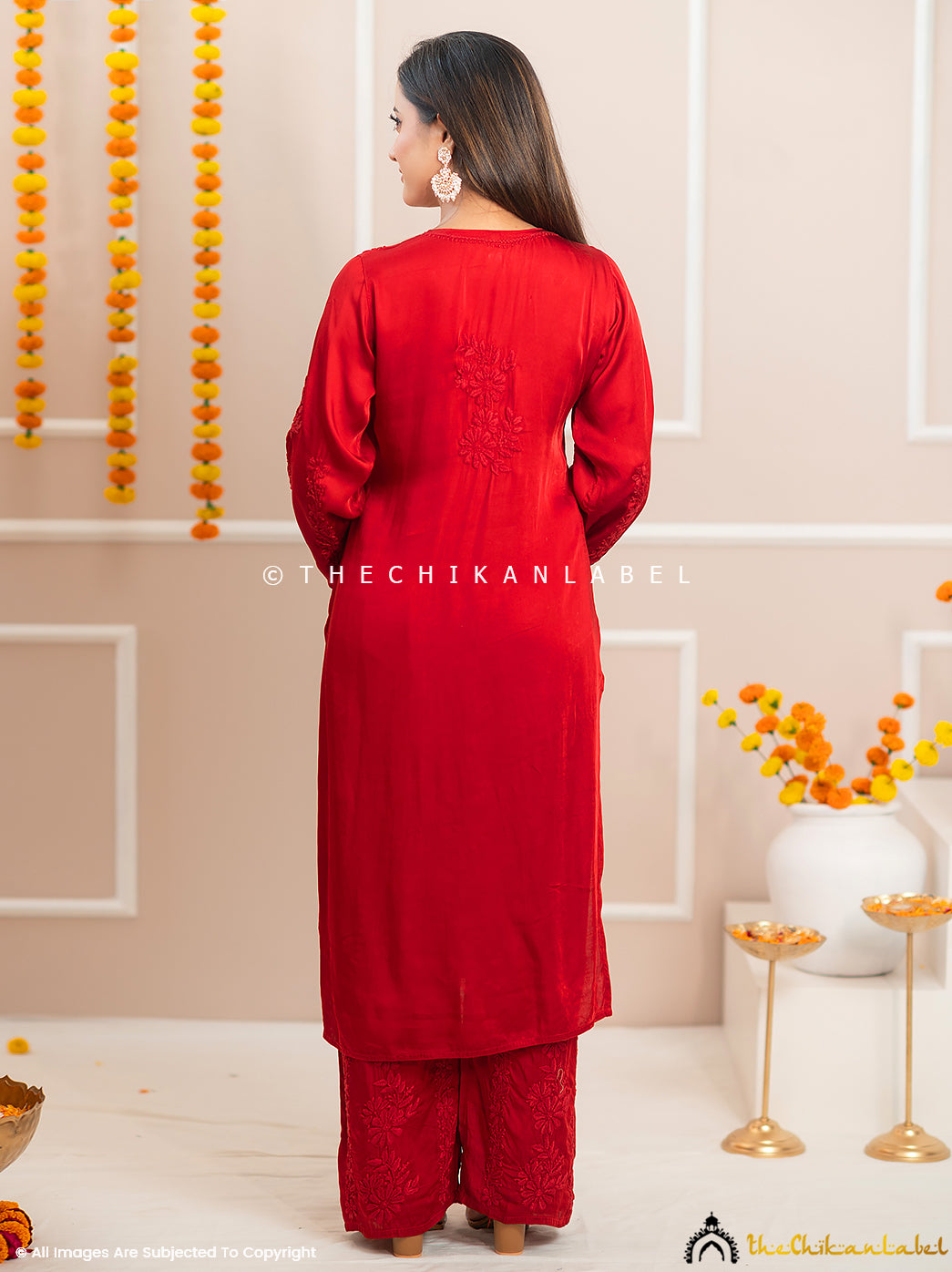 Noor-E-Bahar Maroon Satin Modal Chikankari Kurta Set