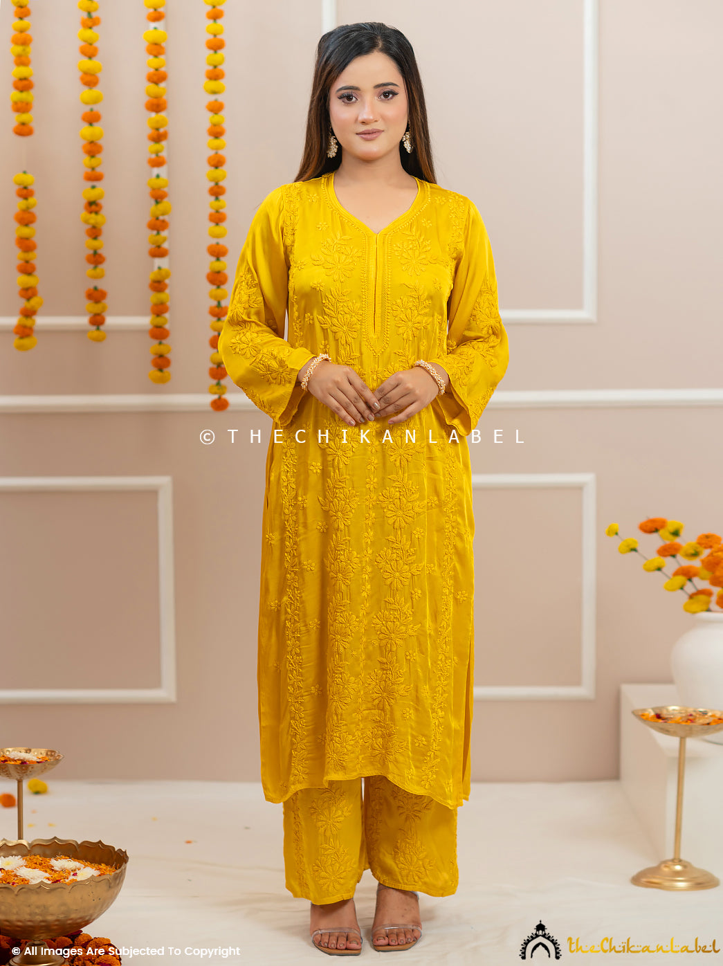 Noor-E-Bahar Yellow Satin Modal Chikankari Kurta Set