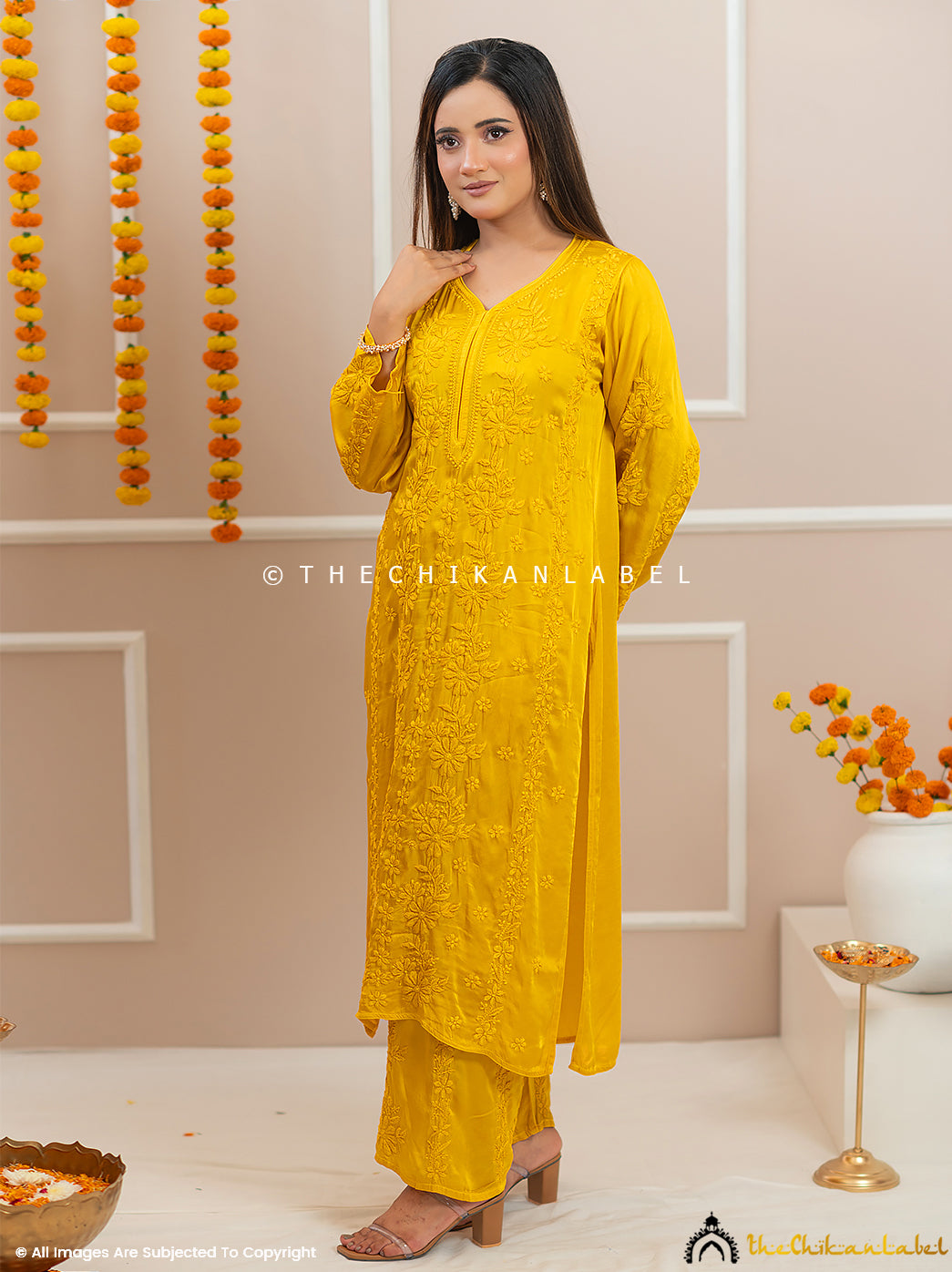 Noor-E-Bahar Yellow Satin Modal Chikankari Kurta Set