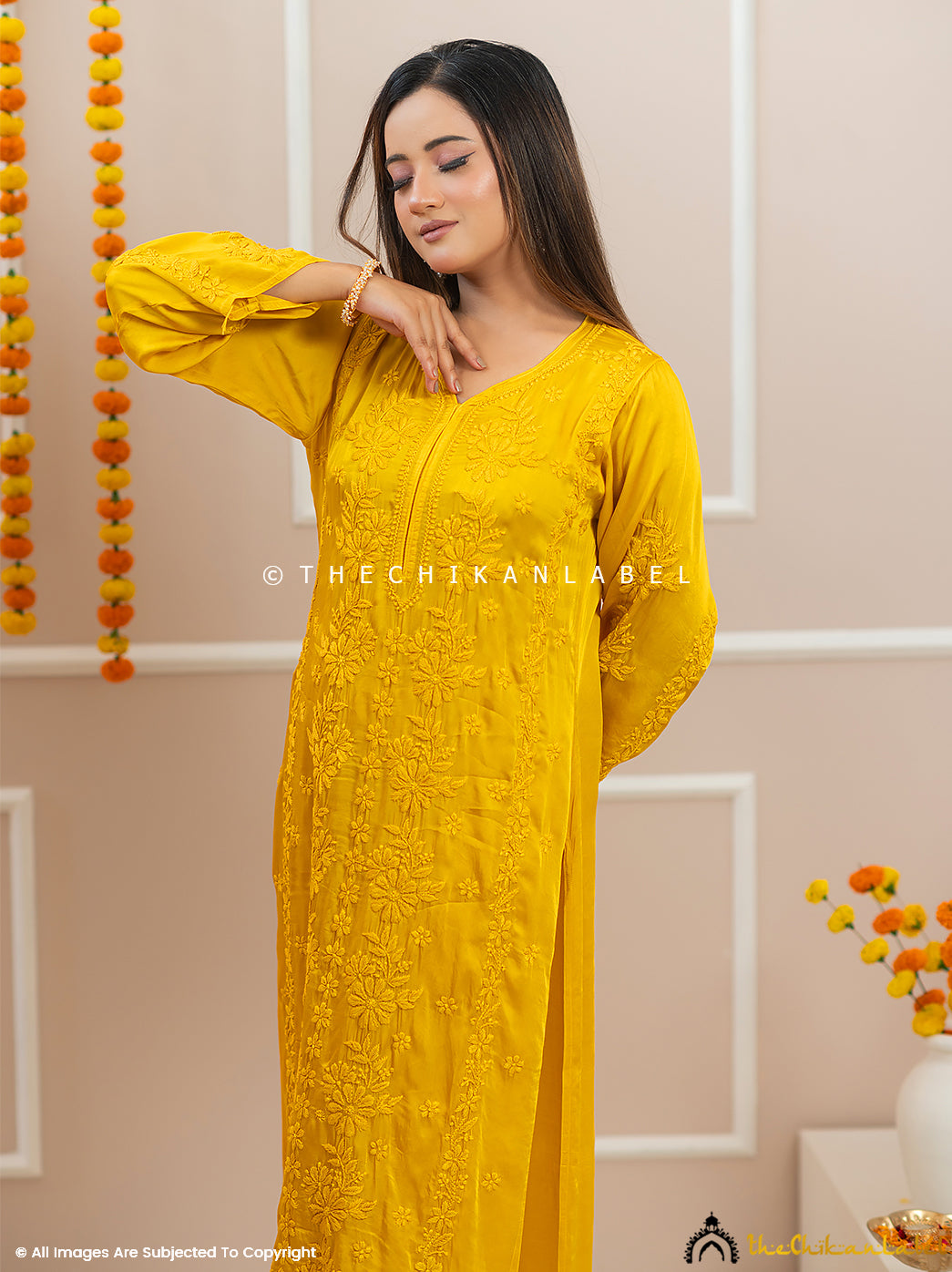 Noor-E-Bahar Yellow Satin Modal Chikankari Kurta Set