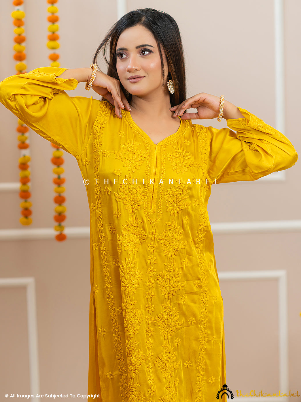 Noor-E-Bahar Yellow Satin Modal Chikankari Kurta Set