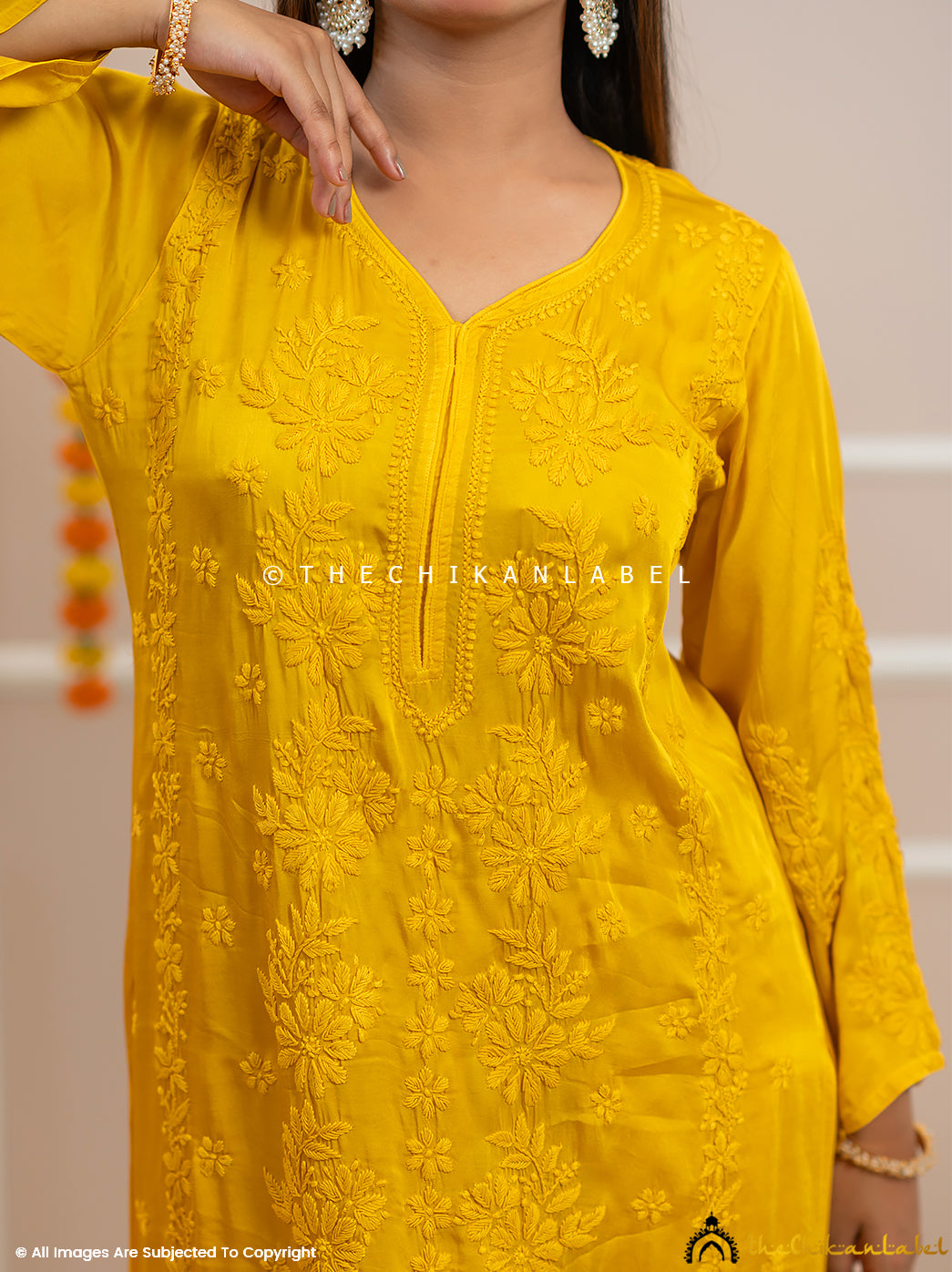 Noor-E-Bahar Yellow Satin Modal Chikankari Kurta Set