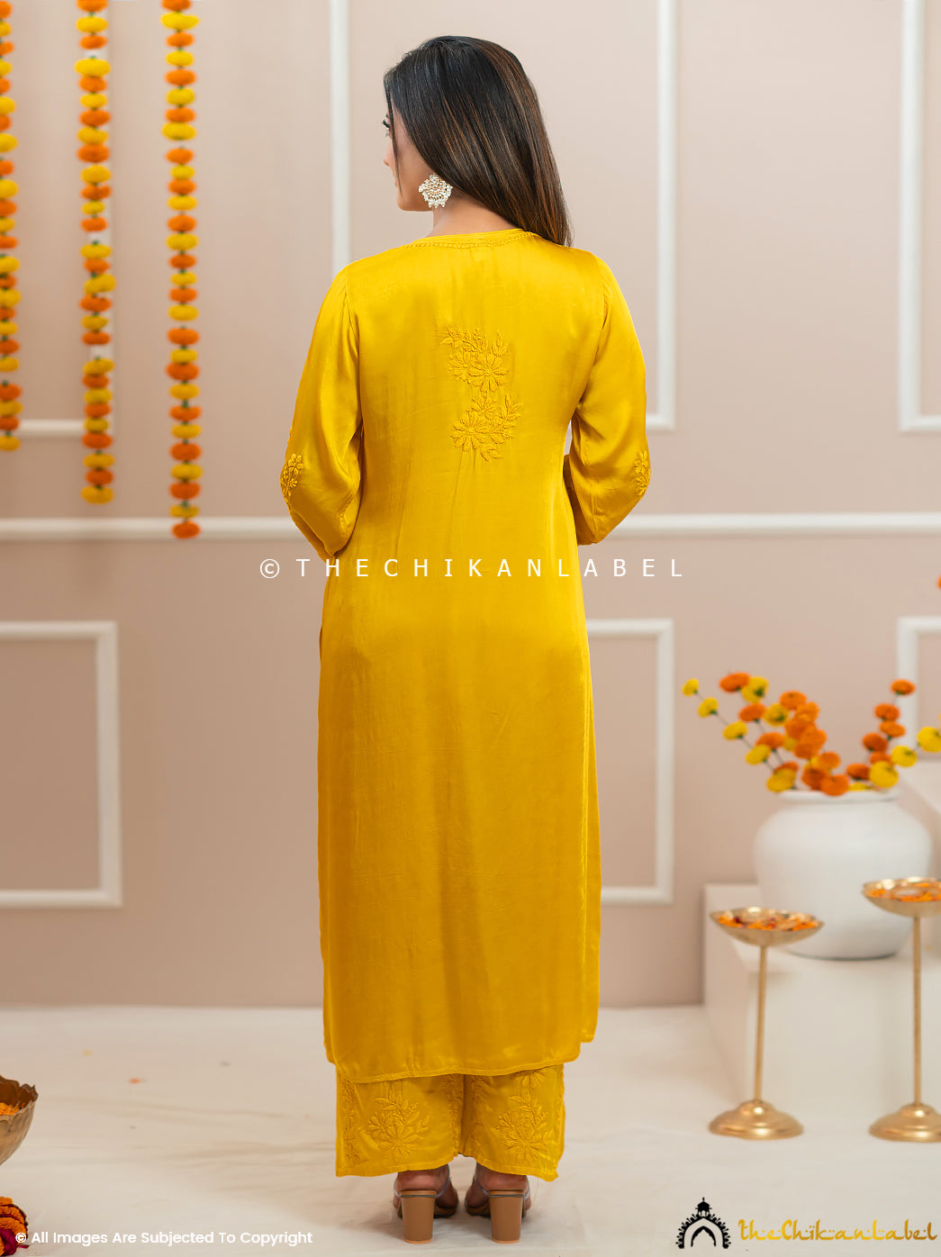 Noor-E-Bahar Yellow Satin Modal Chikankari Kurta Set