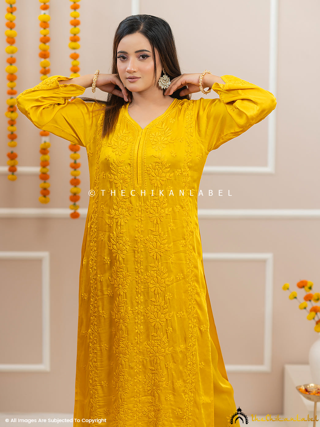 Noor-E-Bahar Yellow Satin Modal Chikankari Kurta Set