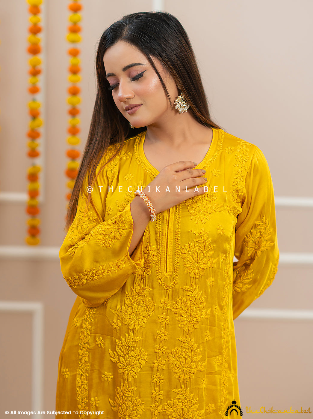 Noor-E-Bahar Yellow Satin Modal Chikankari Kurta Set