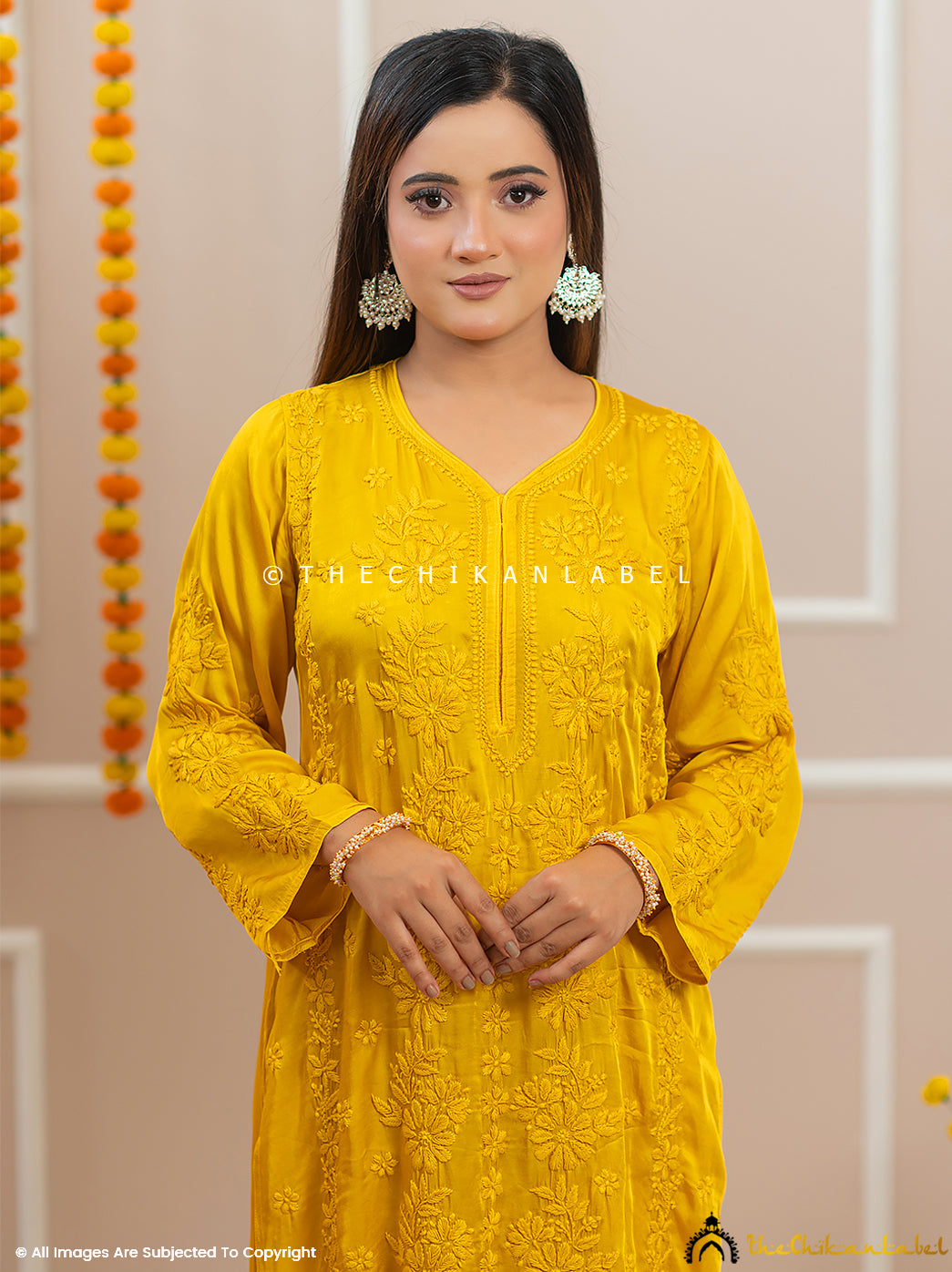 Noor-E-Bahar Yellow Satin Modal Chikankari Kurta Set