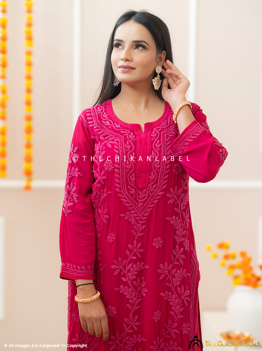 Noor-E-Chikan Hot Pink Viscose Chikankari Kurta Set