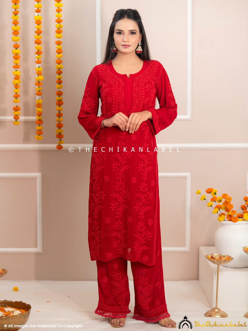 Noor-E-Chikan Maroon Viscose Chikankari Kurta Set