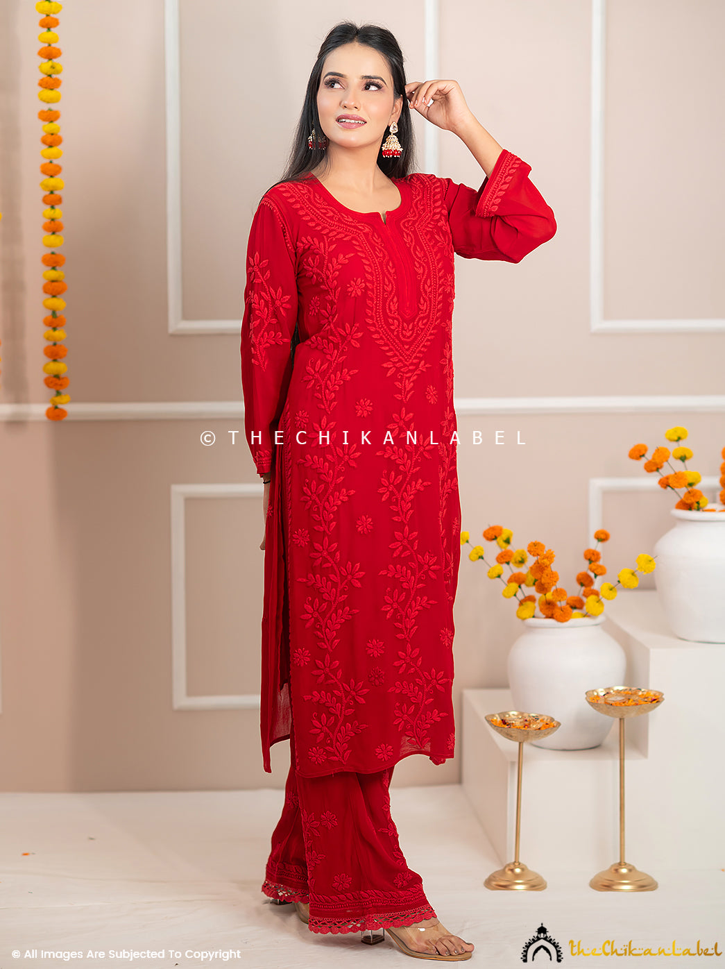 Noor-E-Chikan Maroon Viscose Chikankari Kurta Set