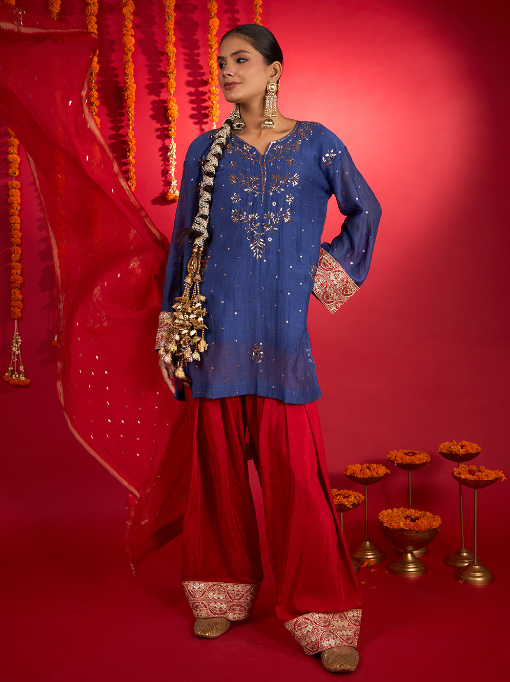 Noorani Mul Chanderi Short Kurti Farshi Set – Blue & Red