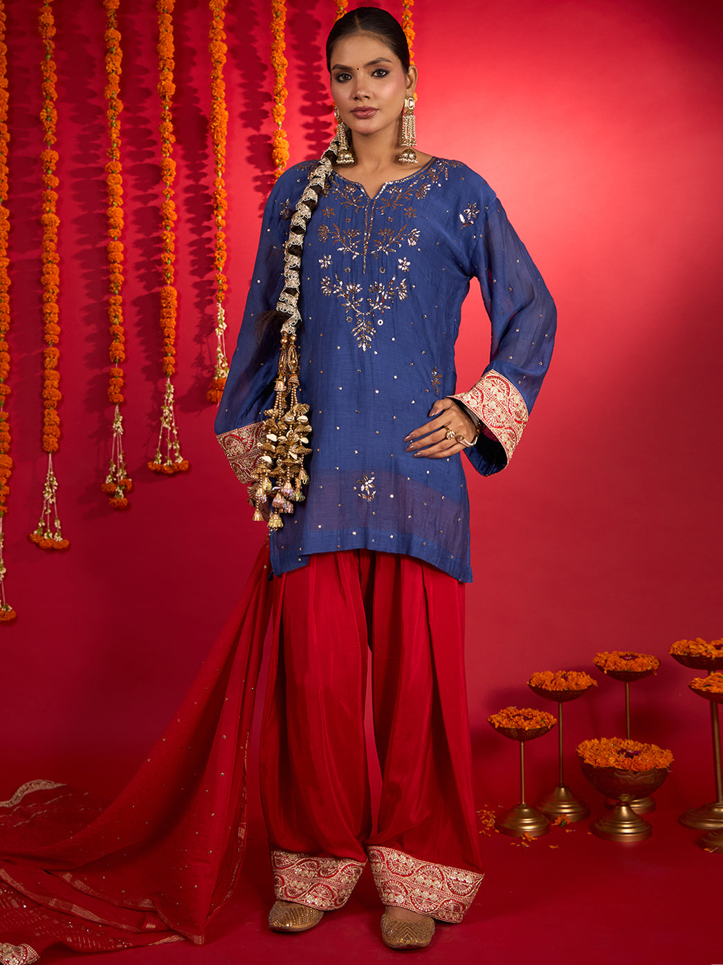 Noorani Mul Chanderi Short Kurti Farshi Set – Blue & Red