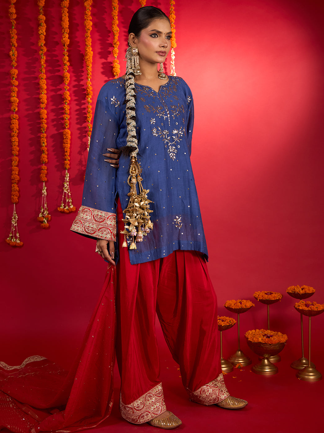 Noorani Mul Chanderi Short Kurti Farshi Set – Blue & Red