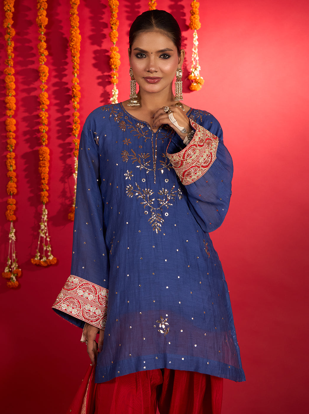 Noorani Mul Chanderi Short Kurti Farshi Set – Blue & Red