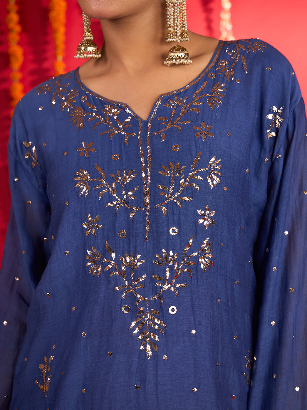 Noorani Mul Chanderi Short Kurti Farshi Set – Blue & Red