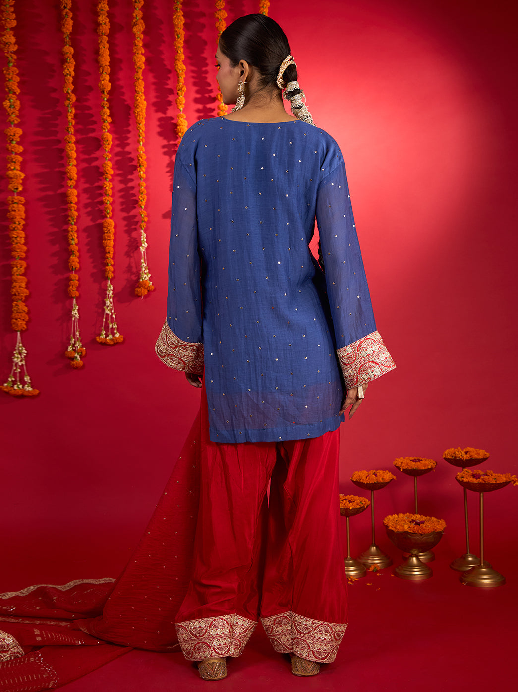 Noorani Mul Chanderi Short Kurti Farshi Set – Blue & Red