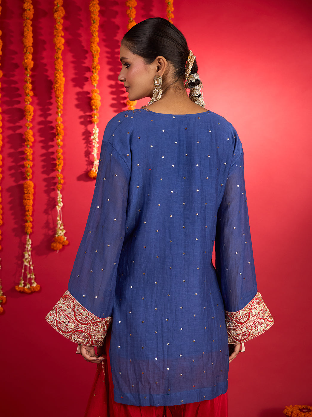 Noorani Mul Chanderi Short Kurti Farshi Set – Blue & Red
