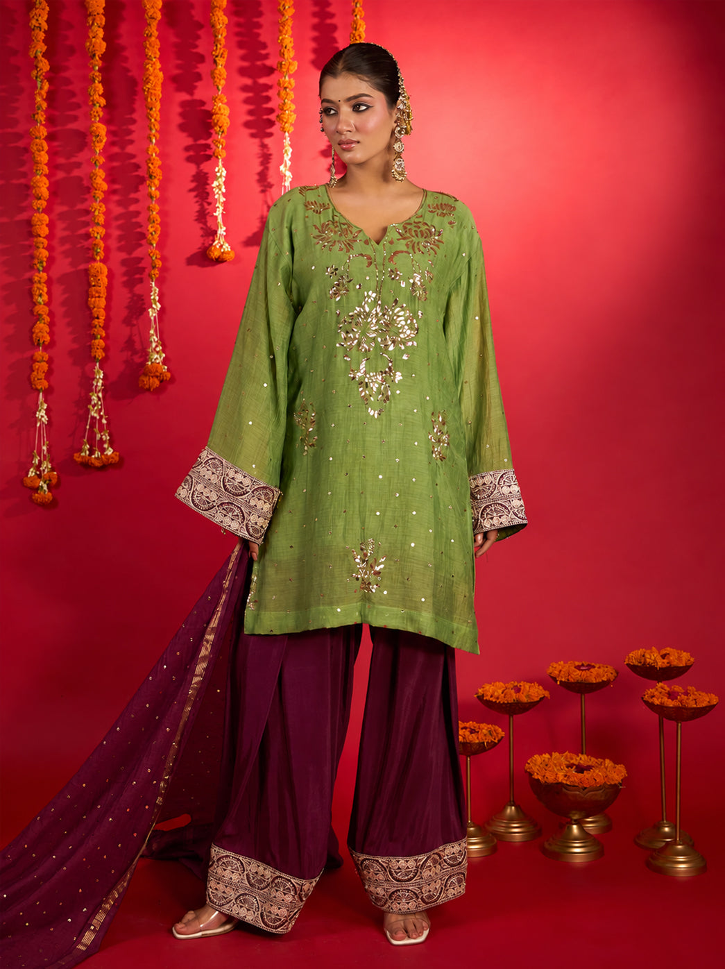 Noorani Mul Chanderi Short Kurti Farshi Set – Green & Wine