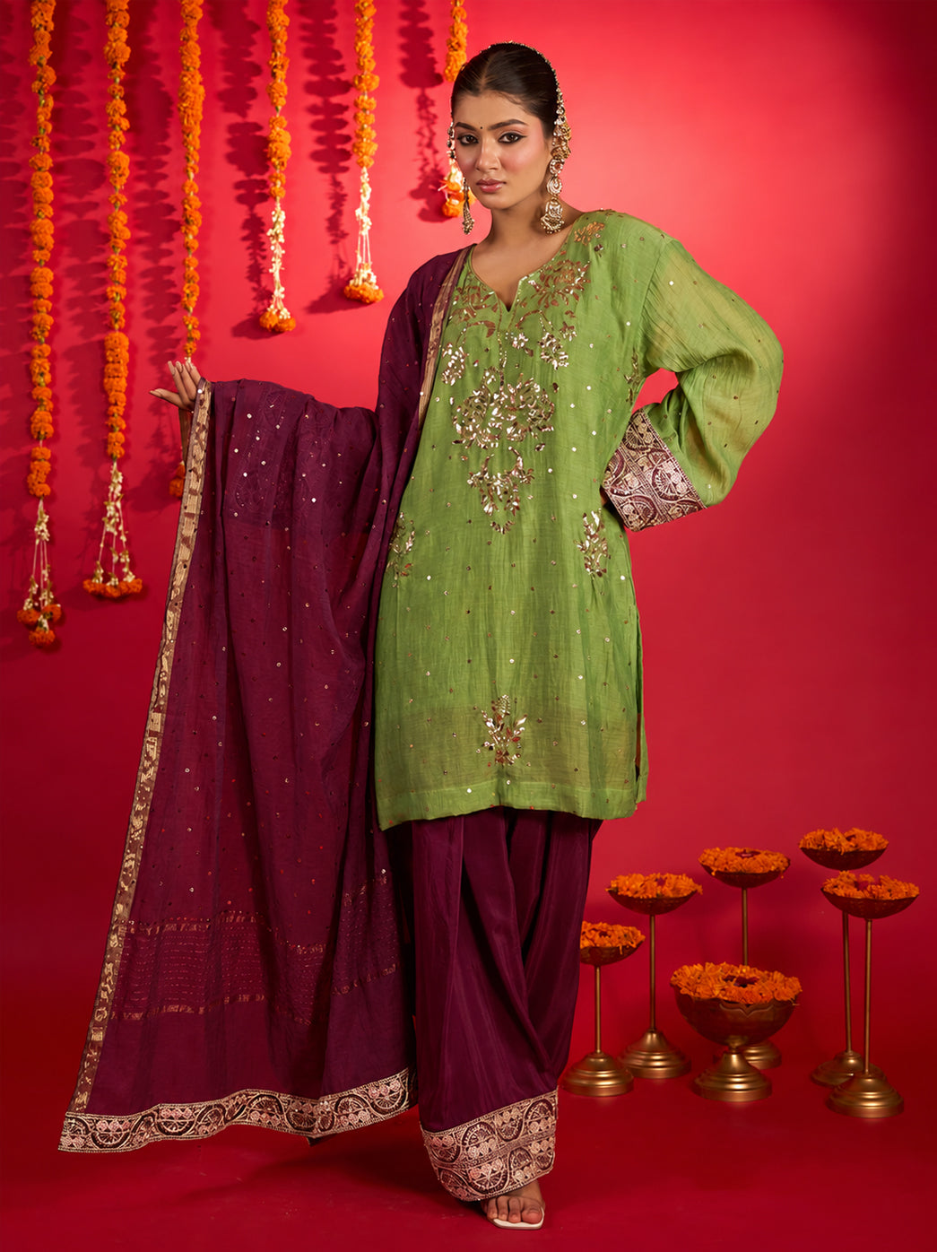 Noorani Mul Chanderi Short Kurti Farshi Set – Green & Wine