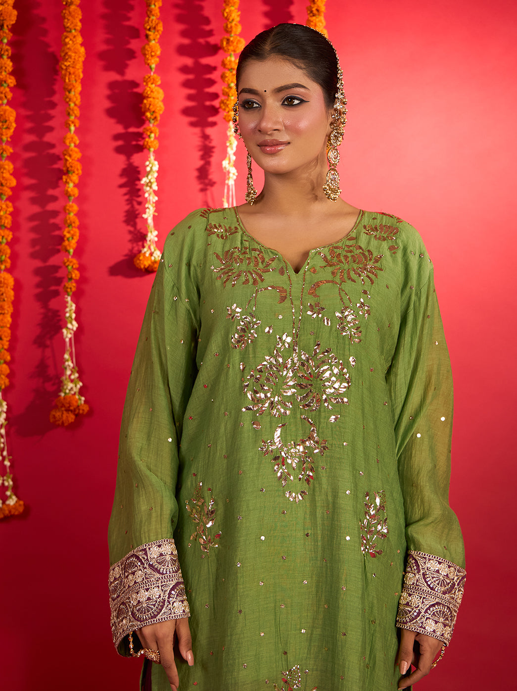 Noorani Mul Chanderi Short Kurti Farshi Set – Green & Wine