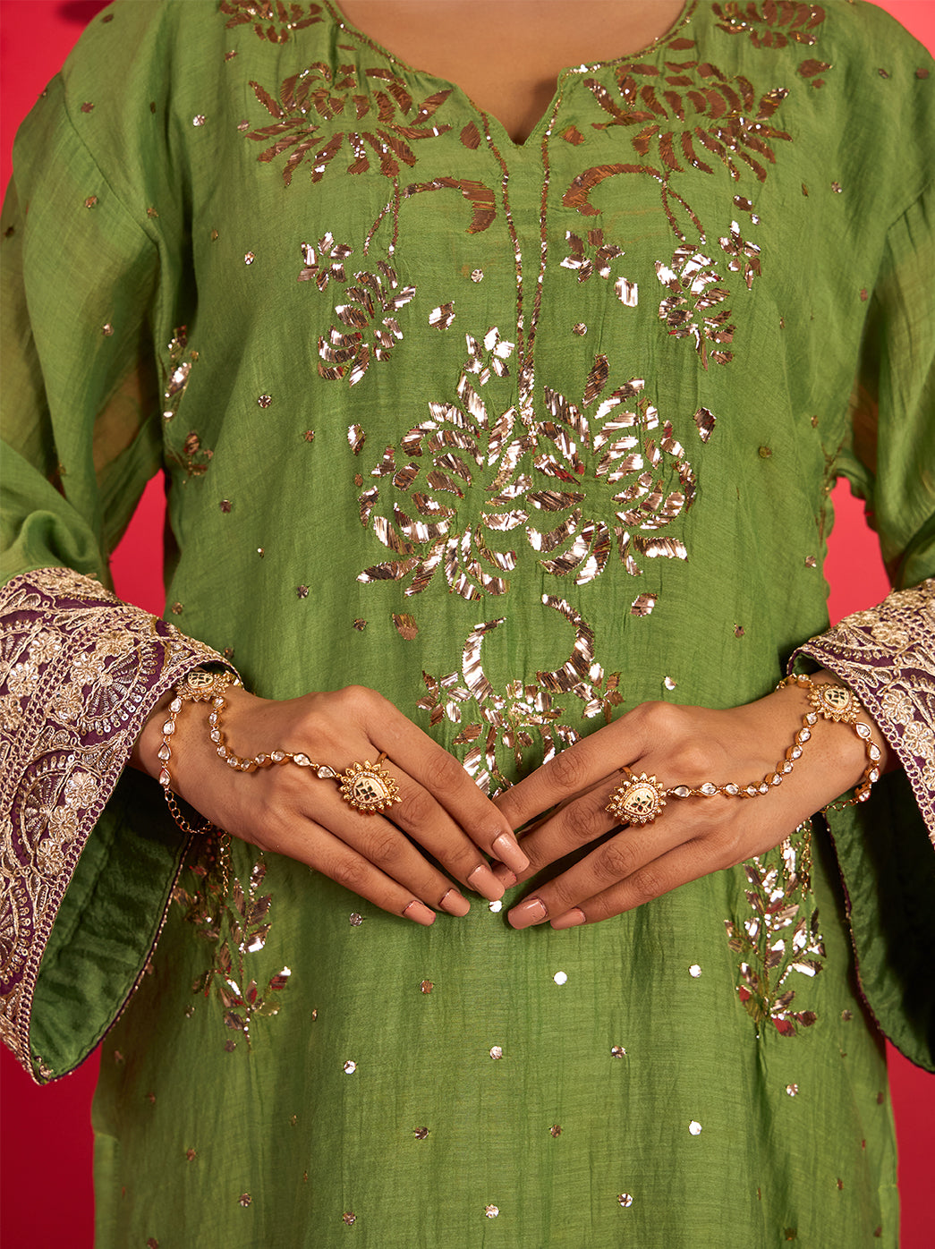 Noorani Mul Chanderi Short Kurti Farshi Set – Green & Wine