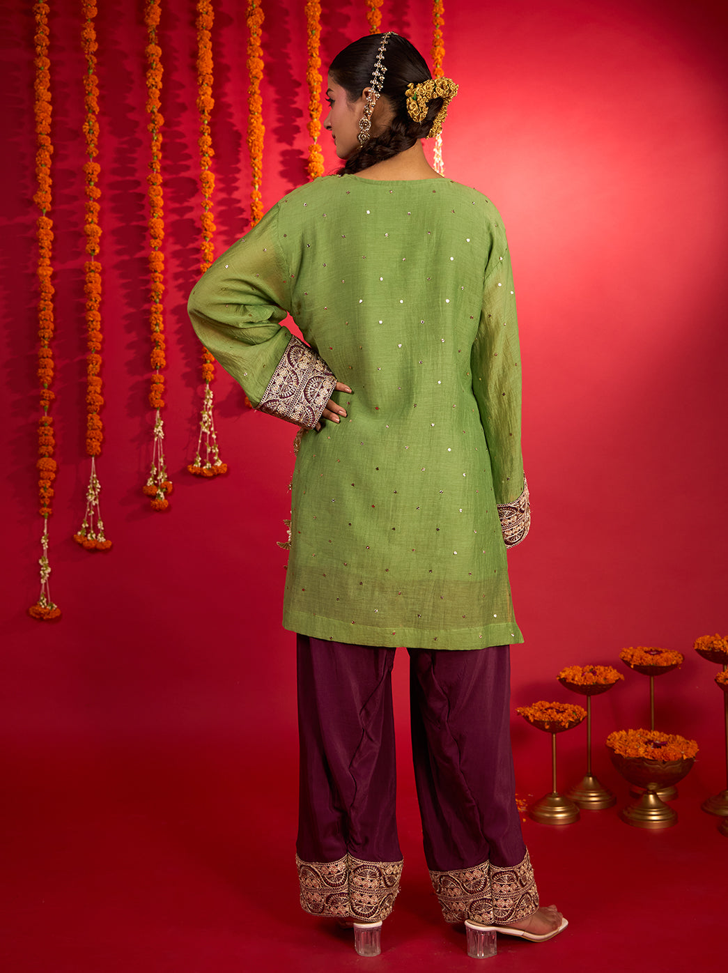 Noorani Mul Chanderi Short Kurti Farshi Set – Green & Wine