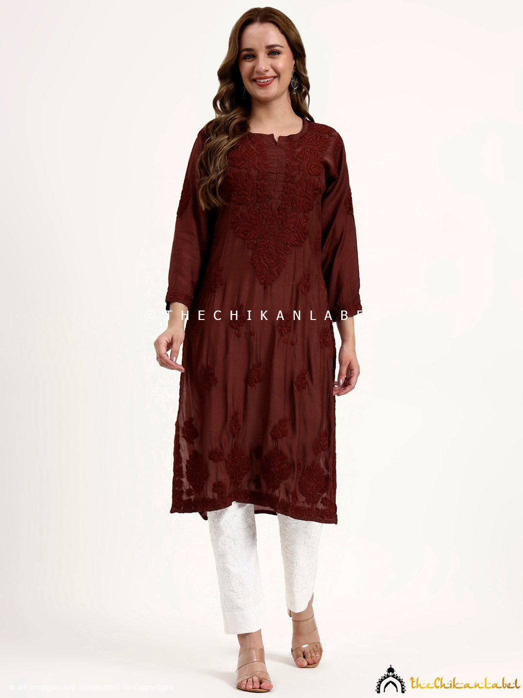 Oishi Muslin Chikankari Straight Kurti - Choco