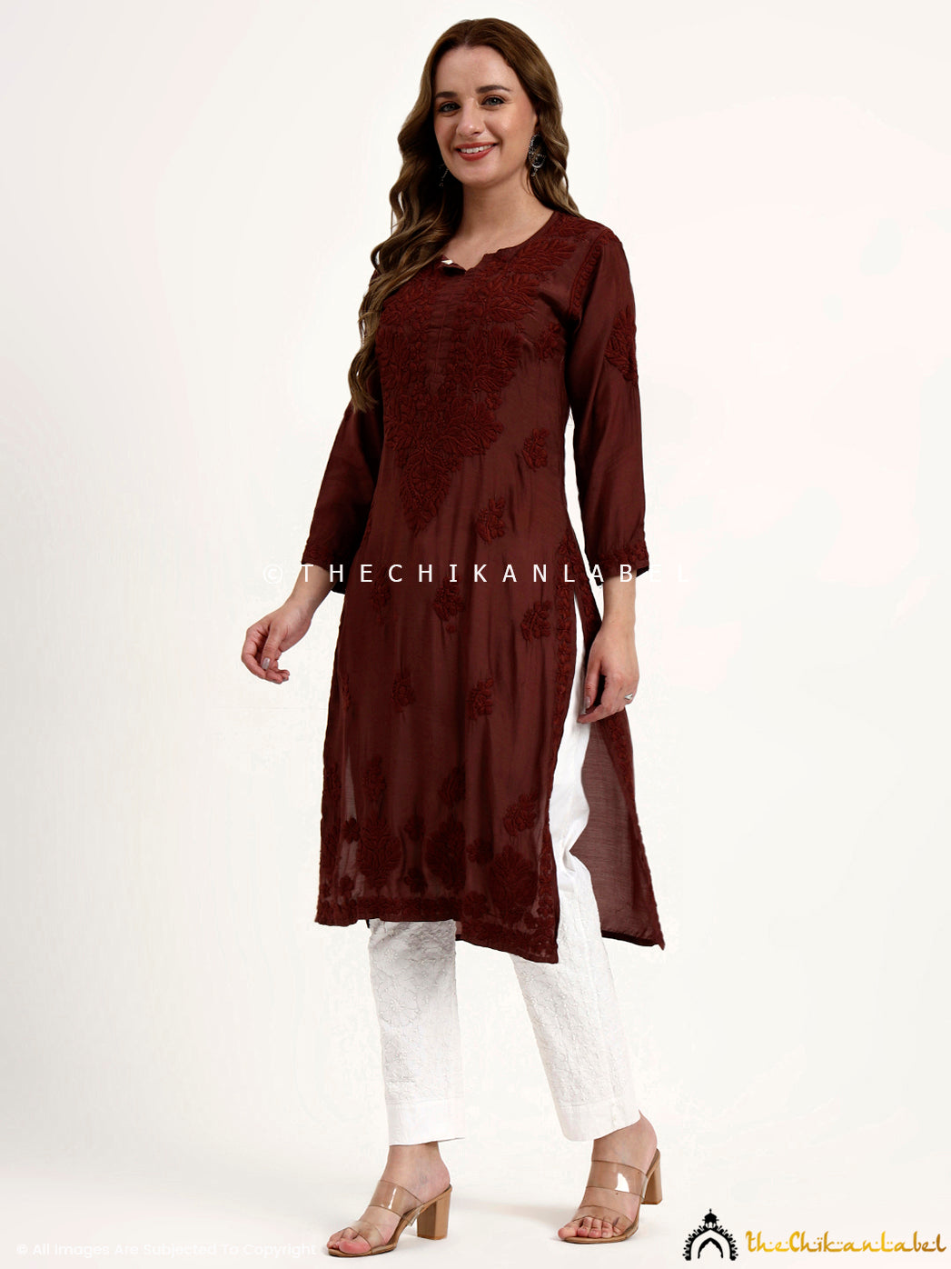 Oishi Muslin Chikankari Straight Kurti - Choco