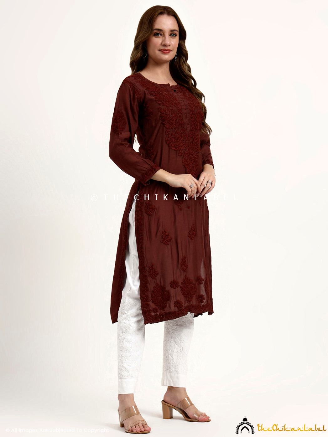 Oishi Muslin Chikankari Straight Kurti - Choco